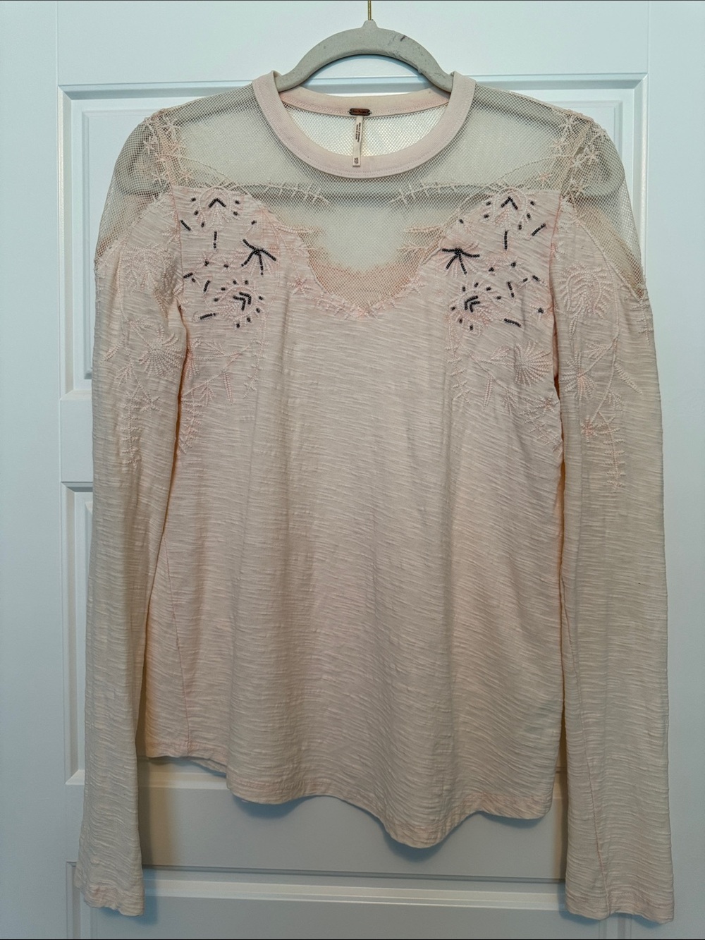 Free People Pale Blush Embroidered Mesh Yoke Long Sleeve Top